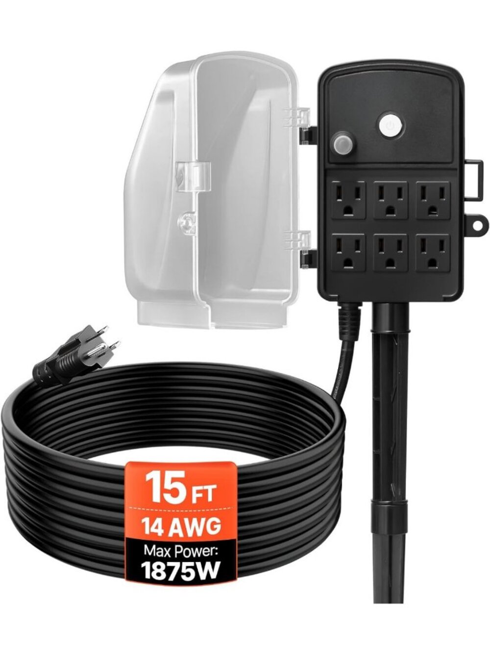 Weatherproof Outdoor Power Stake with 15 FT Extension Cord, 6 Outlets, 15A
